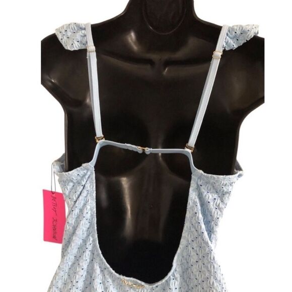 Betsey Johnson Clear Sky Blue Suit Ruffle Eyelet V Swimsuit size L New - Picture 4 of 5